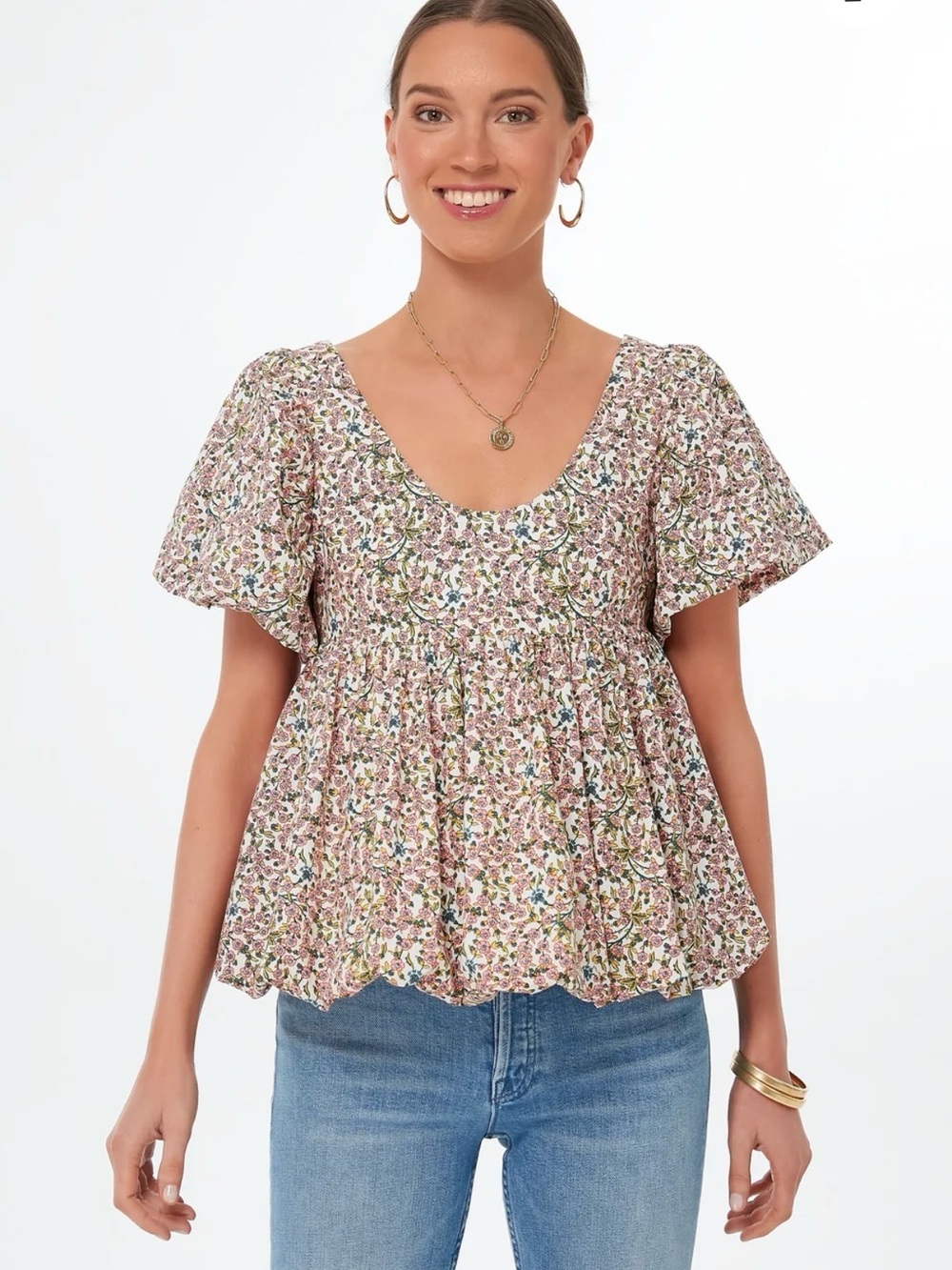 Hyacinth House Floral Puff Sleeve Smocked Scoop Neck Virginia Blouse